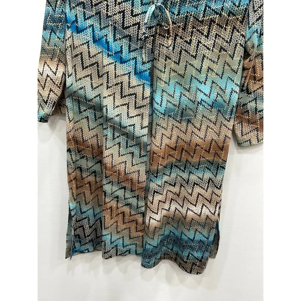 Chicos‎ Travelers Womens Chevron Blue Brown Duster Size L Lagenlook Artsy